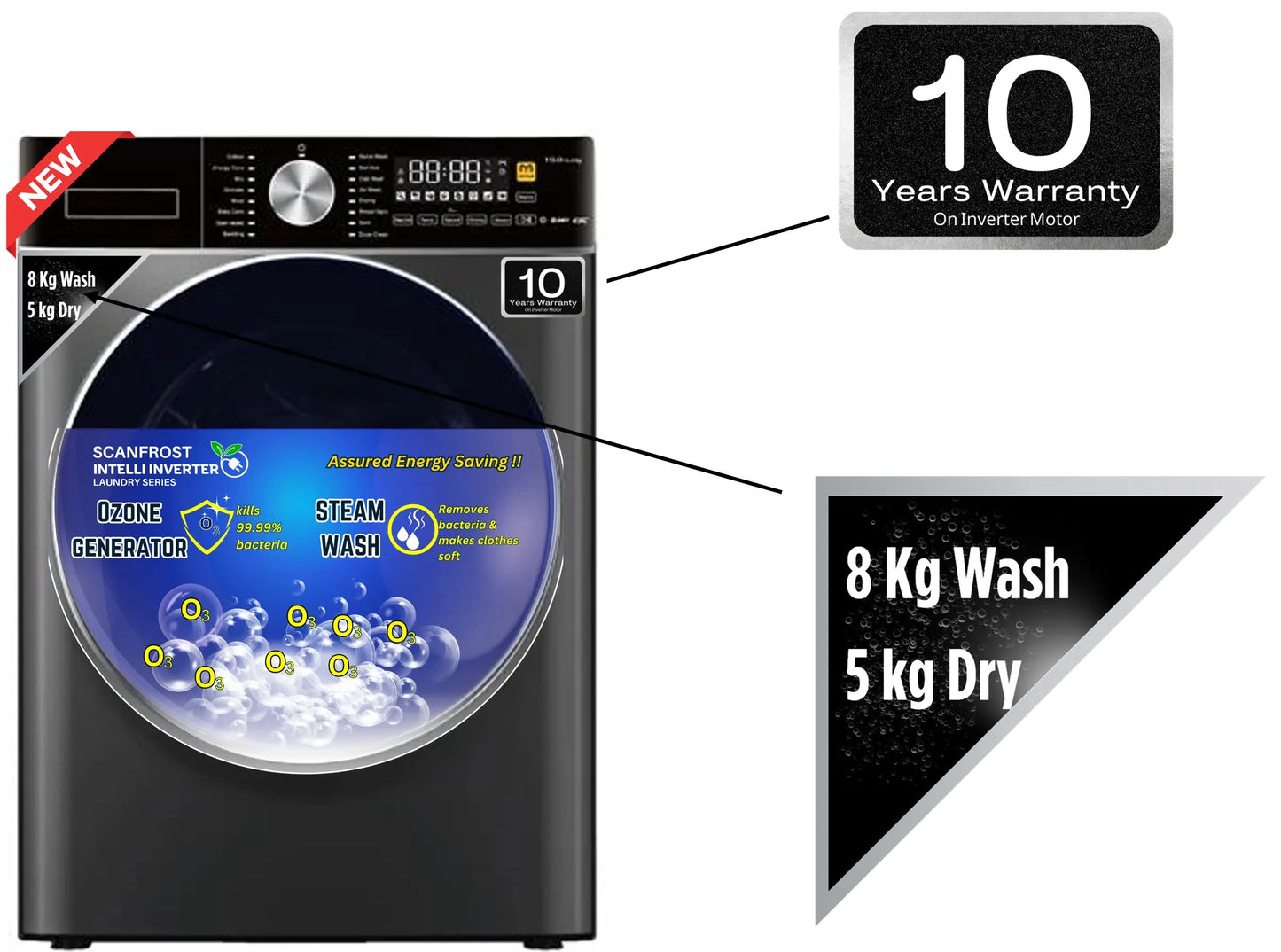 Scanfrost Front Load Wash & Dry 8/5Kg Grey (SFWD85INVME) Inverter