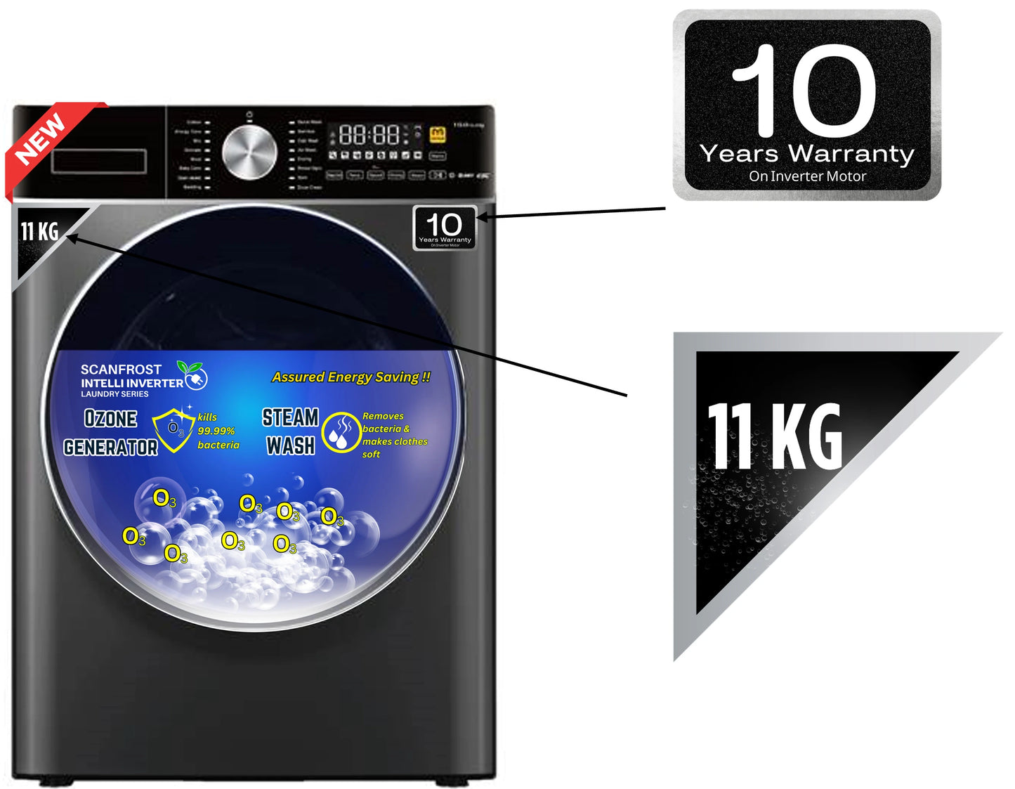 Scanfrost Inverter Front Load Washing Machine 11Kg Grey (SFWMFL11000INVME)
