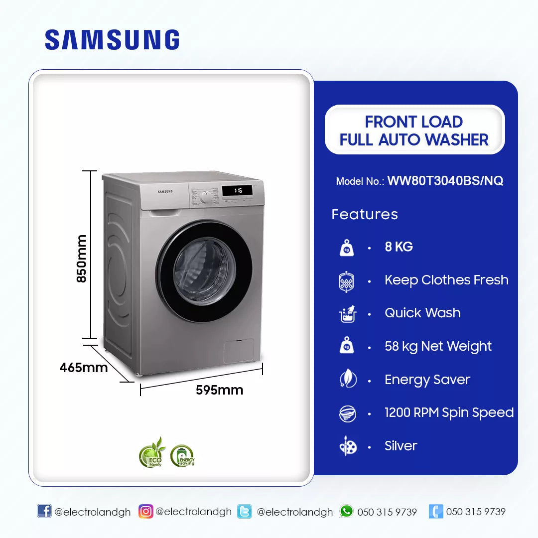 Samsung Front Load Washing Machine 8Kg Silver (WW80T3040BS/NQ)
